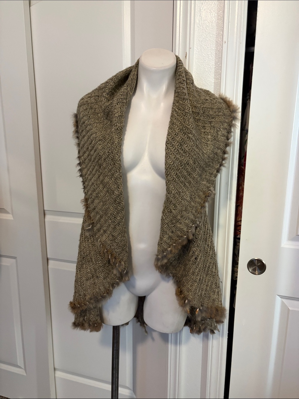 Alberto Makali Taupe Knit Open-Front Faux Fur Trim Vest
